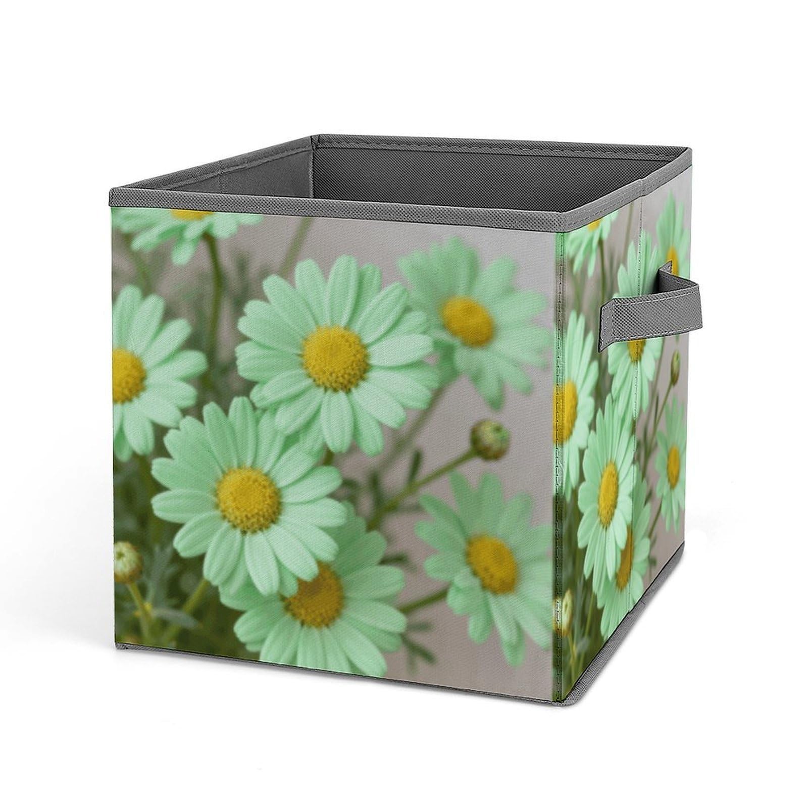 Daisy Pastel Green Storage Baskets Collapsible, Exquisite Pattern Cube Box, Canvas Fabric Storage Bins with Handles, Clothe Organizer Box for Home Decorative Office Bedroom