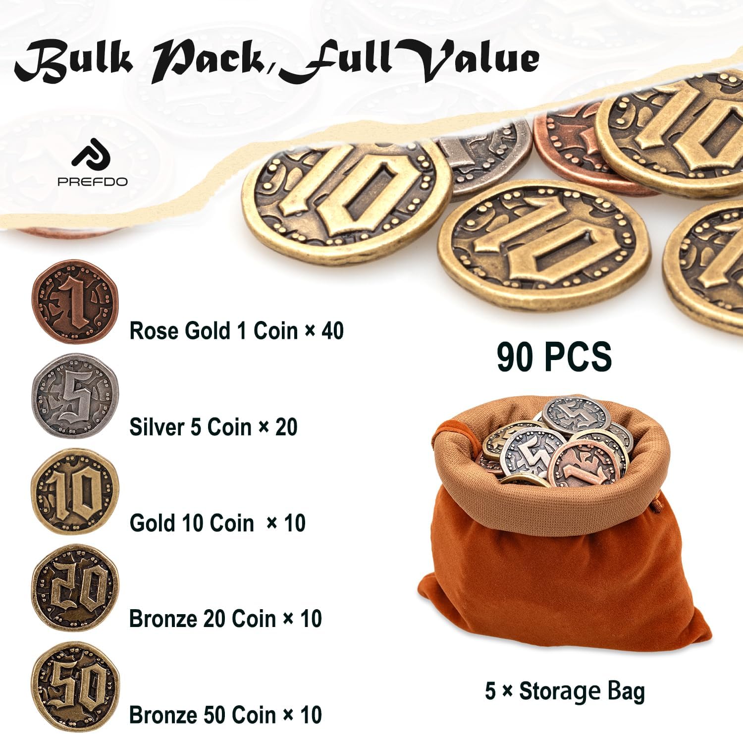 90PCS Metal Coins for Board Games, Game Tokens Gold Coins for DND, RPG, Strategy Tabletop Gaming, Poker, Heavy Duty Generic Game Currency (Multi-Denomination Mixed Set)