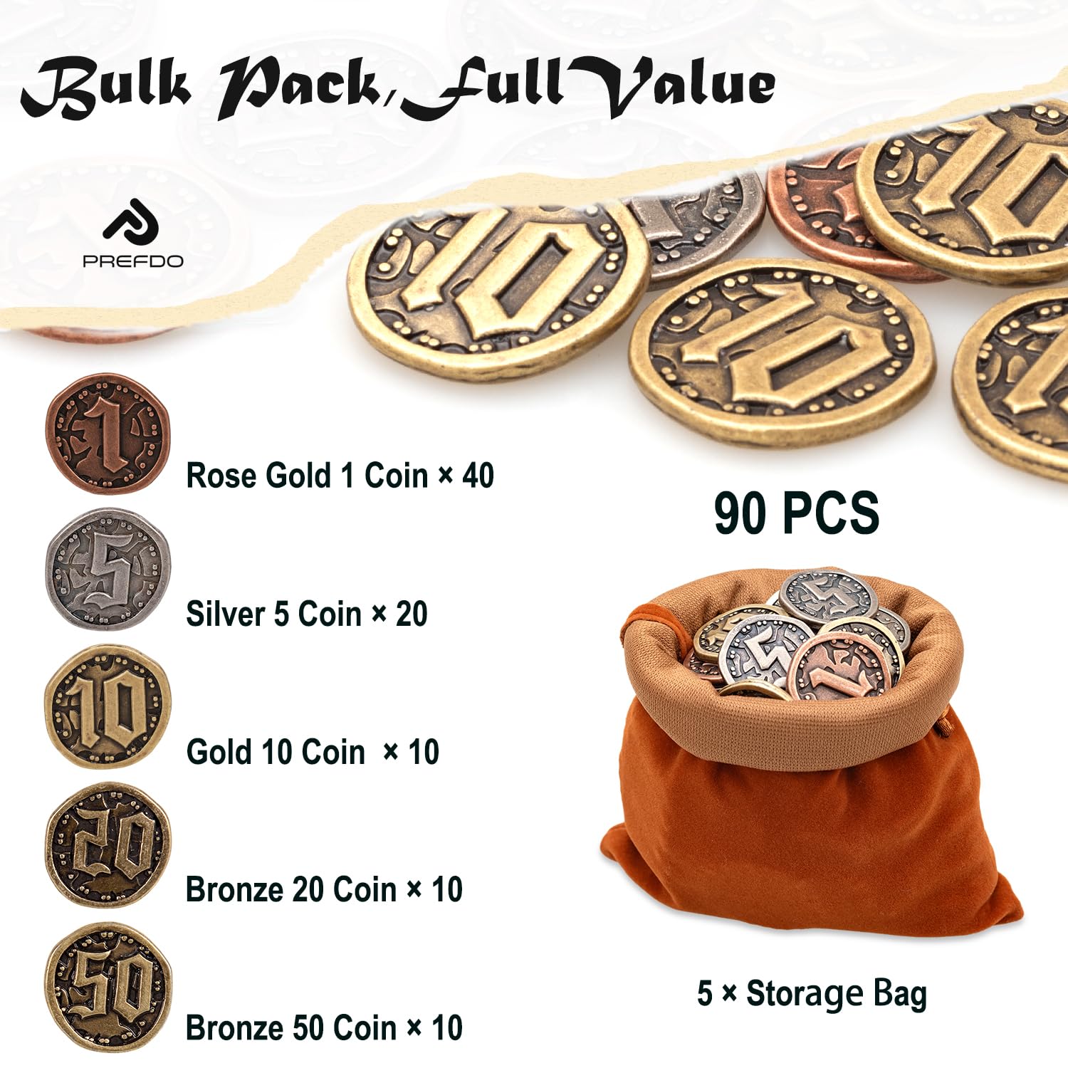 Lot de 90 pièces en métal pour jeux de société, jetons de jeu, pièces d'or pour DND, RPG, jeux de stratégie, poker, monnaie de jeu générique robuste (ensemble mixte multinomination)