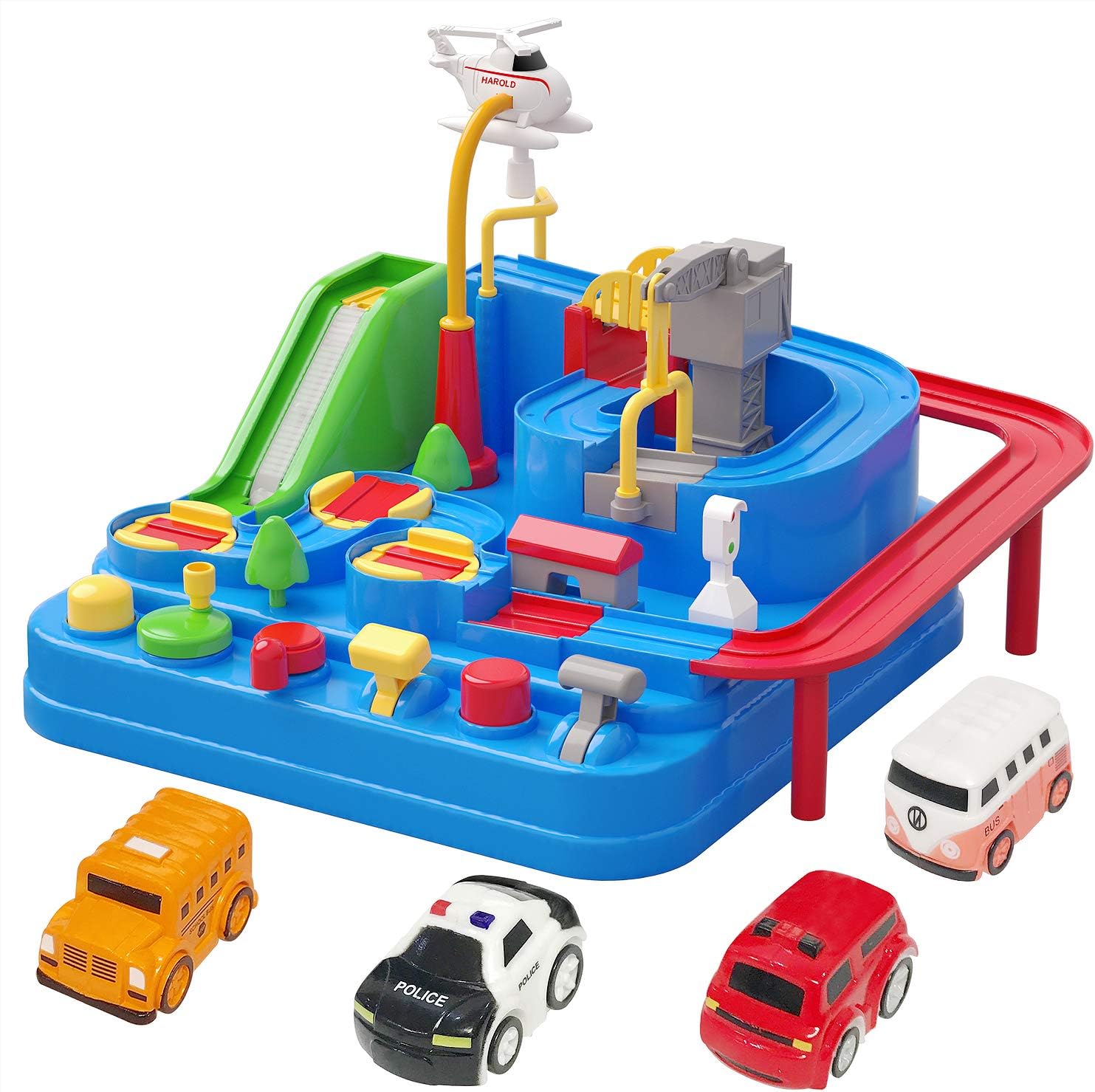 LEGAO Race Track Car Adventure, Toys City Rescue with 8 Challenges 6 Operative Devices, 4 Mini Cars, Preschool Educational Toy Puzzle Car Track Playsets for 3 4 5 6 7 8 Year Old Kids