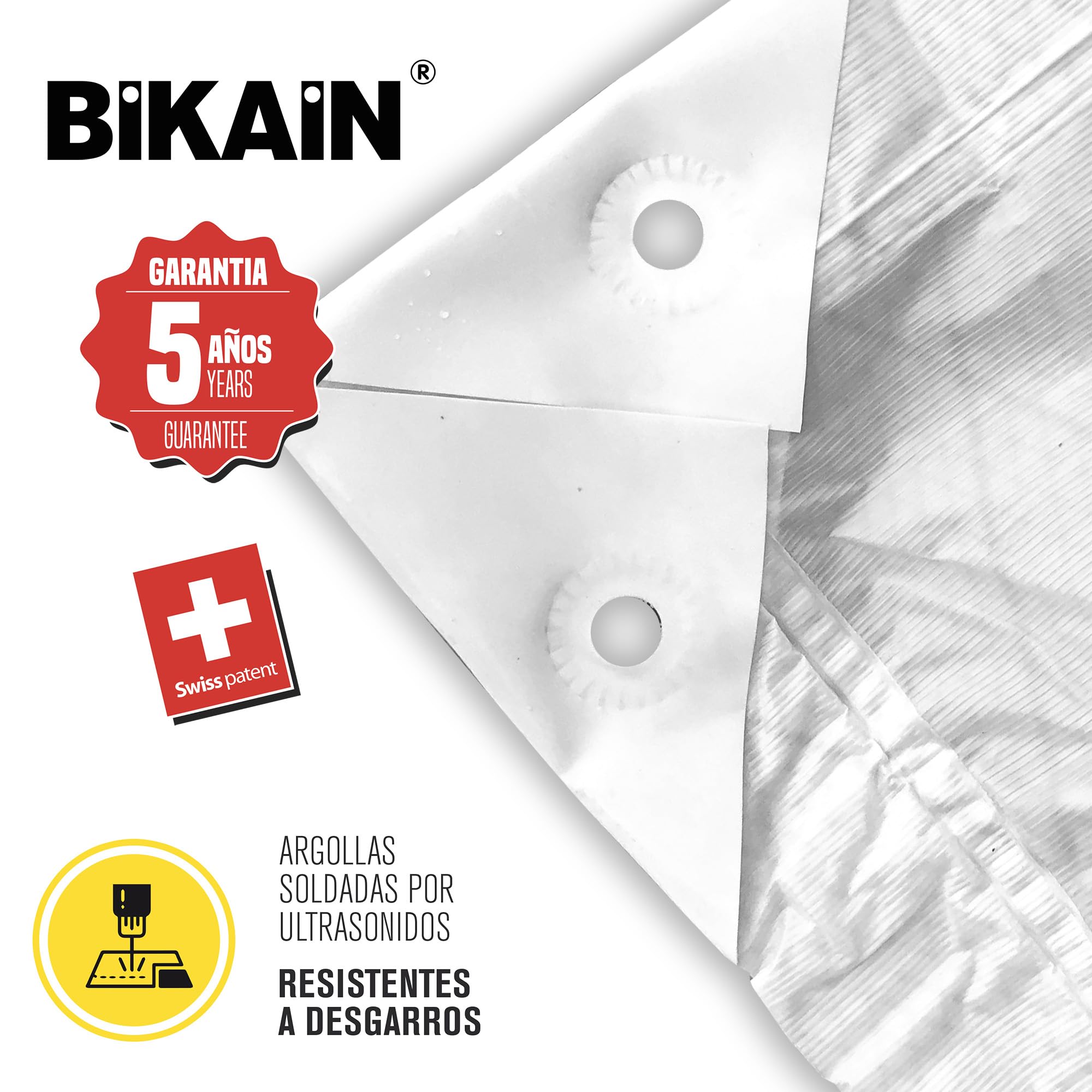 BIKAIN Lona Impermeable Exterior Blanca 2x3 m 120 g/m² Alta Resistencia | Con ojales antidesgarro, protección UV total, 3 capas laminadas, resistente al viento y hasta -30 °C