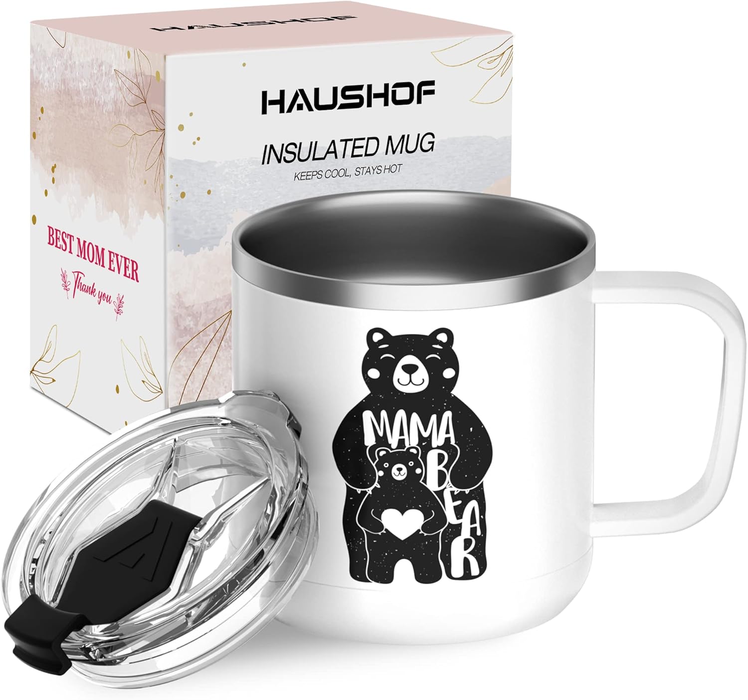 HAUSHOF Insulated Coffee Mug with Lid, 14 oz with Handle for Best Mom, Birthday Christmas Gifts, White Bear