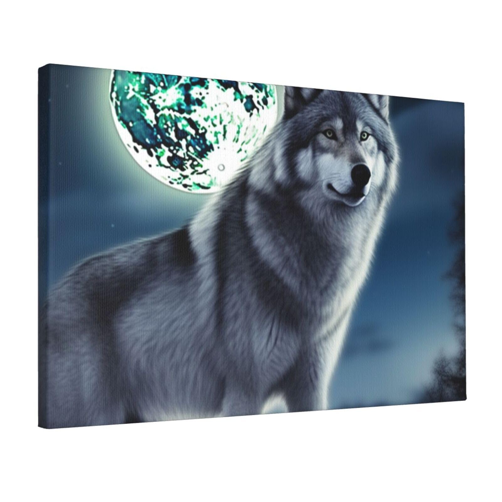 Fodpand Wolf Under Moon Unframed Canvas Wall Art,Modern Posters Print Wall Decor Canvas Oil Painting For Bedroom Living Room Bathroom Wall Hanging Artwork Ready To Hang 12"X18"