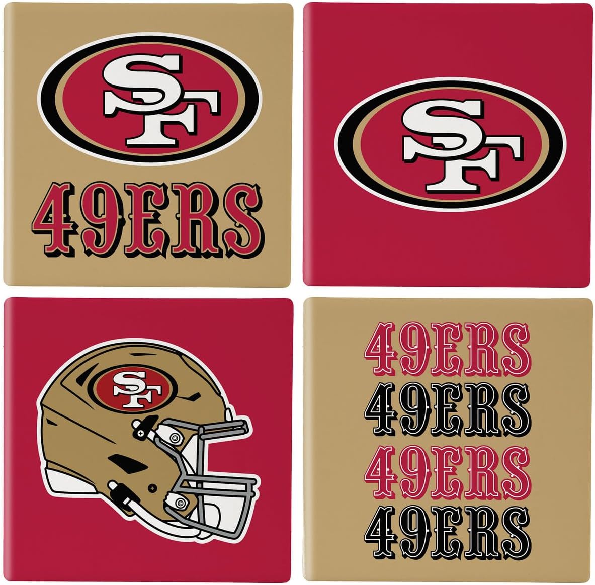 NFL San Francisco 49ers Coasters Gift Set with Wood Caddy, 4pcs Ceramic Stone Drink Coasters with Wooden Holder, Football Tabletop Décor for Home, Bar, Man Cave, Holiday for Men Women