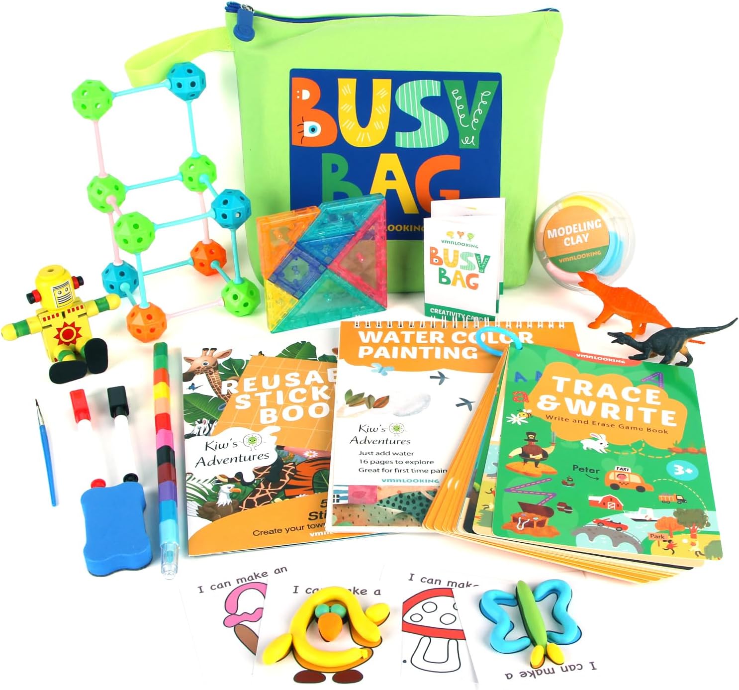 Busy Bag Travel Toys for Toddlers with Coloring Book, Busy Book for Toddler Travel Essential, Road Trip Activities for Kids with Tangram Puzzle, Reusable Sticker Book and More