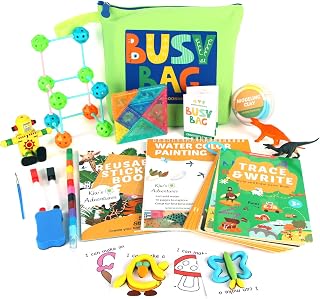Busy Bag Travel Toys for Toddlers with Coloring Book, Busy Book for Toddler Travel Essential, Road Trip Activities for Kids with Tangram Puzzle, Reusable Sticker Book and More