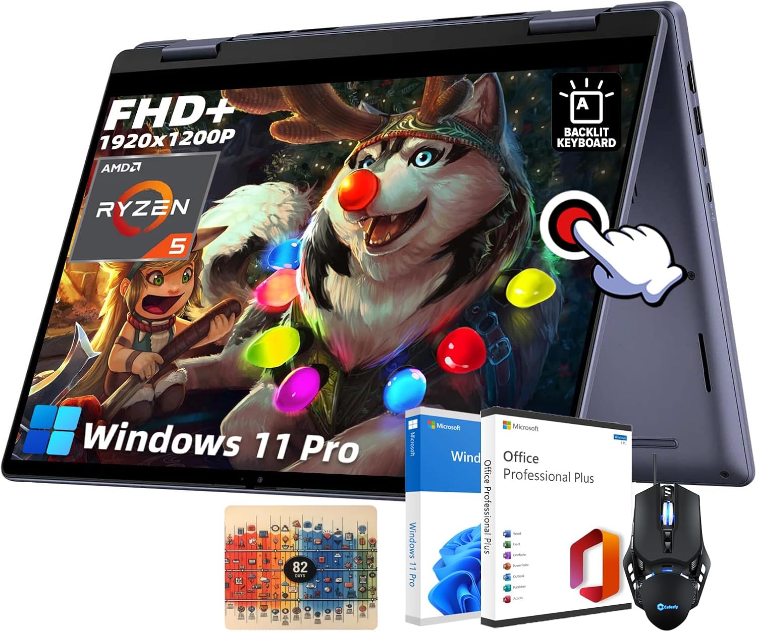 Dell Inspiron 7445 Business Laptop - 14" FHD+ 2-in-1 Touchscreen, AMD Ryzen 5 8640HS, 32GB DDR5 RAM, 1TB SSD, Backlit KB, Dolby Atmos, Office Lifetime License, Win 11 Pro