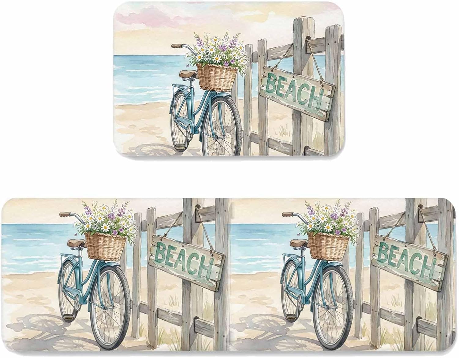 Prime Leader Watercolor Beach Scenery Kitchen Mat Set 2 Pieces Retro Bicycle Flower Basket Country Non Slip Kitchen Rugs Washable Runner Rug Mats for Sink Laundry (19.7" x 31.5"+19.7" x 63")