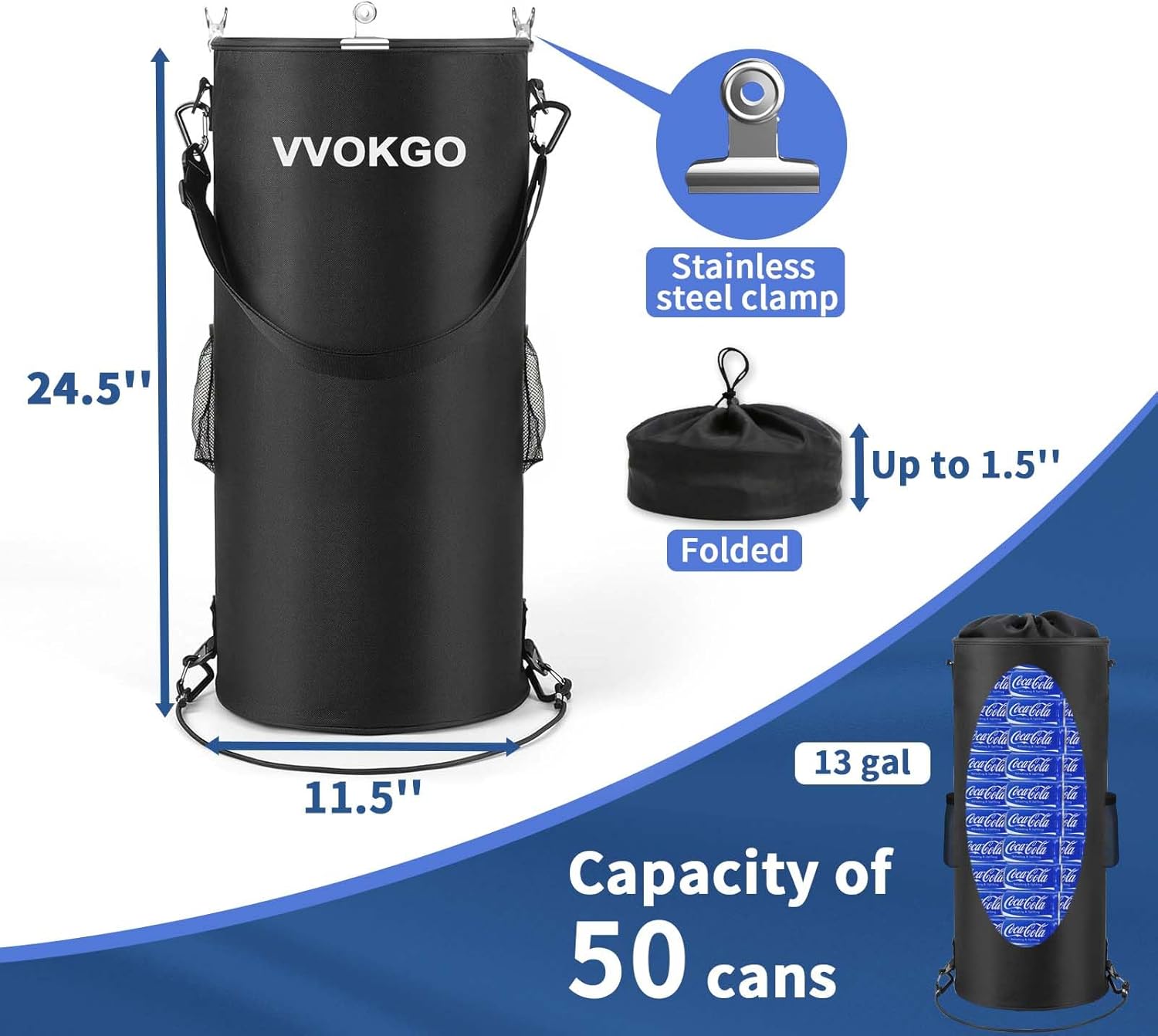 VVOKGO Portable Boat Trash Can with Odor-Resistant Design - Durable Marine Garbage Storage Bag for Boats, RV, Pontoon, Camping, Fishing - Includes 12 Clips