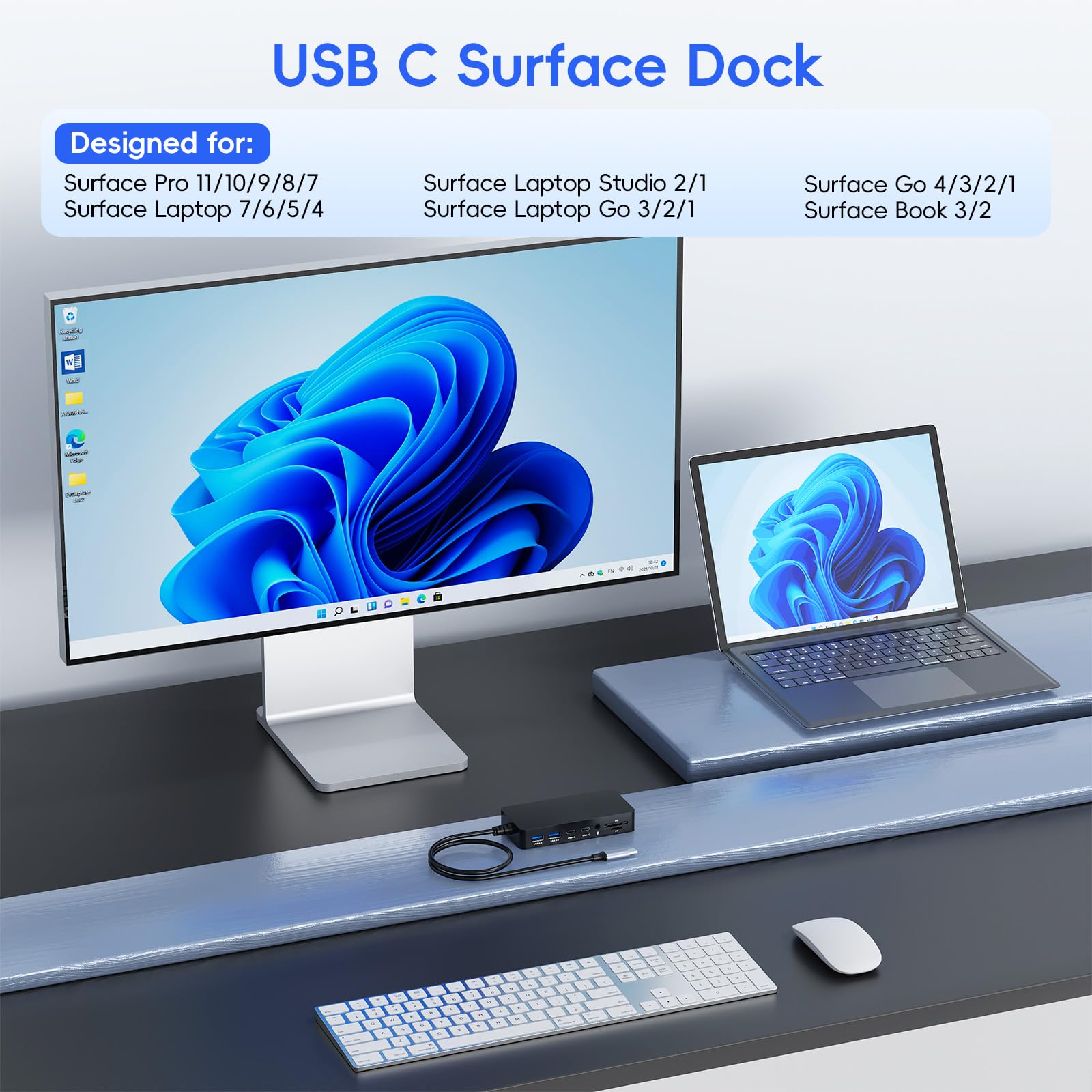 USB C MS Surface Docking Station Triple Display 2 HDMI+VGA - 12 in 1 MS Surface Dock Alimentatore per Surface Pro 11/10/9/8/X/7, Surface Laptop 7/6/5/4/3, Surface Laptop Go 3/2, Laptop Studio
