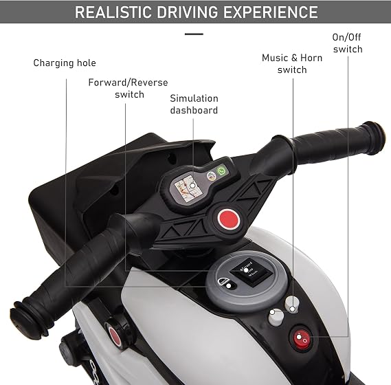 Aosom 6V Kids Motorcycle Toddler Ride-on Toy 3-Wheel Music Horn White