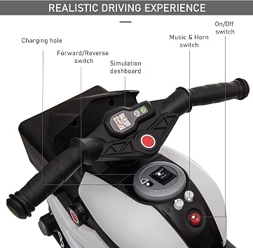 Aosom 6V Kids Motorcycle Toddler Ride-on Toy 3-Wheel Music Horn White