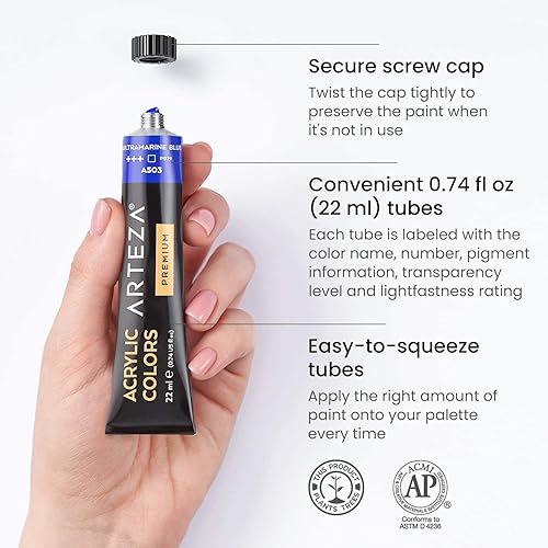 Miniatura 3 de ARTEZA Juego de 12 colorestubos de pintura acrílica (0.74 onzas, 0.7 fl oz), pigmentos ricos, no se decoloran, no tóxicas, pinturas para artistas,