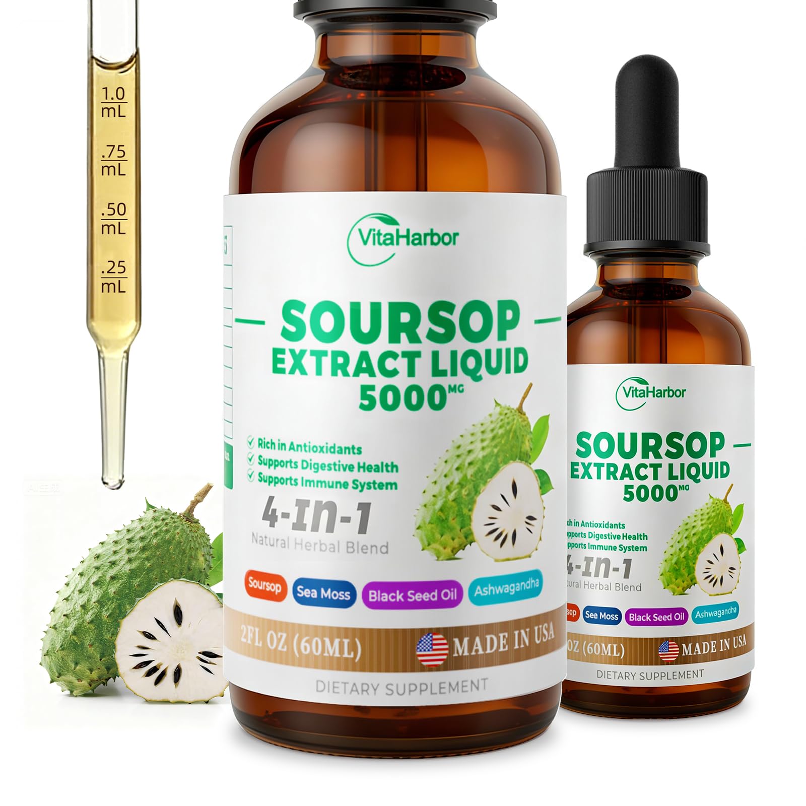 4-in-1 Soursop Bitters Liquid, Soursop Oil with Sea Moss & Black Seed Oil & Ashwagandha, for Immune & Digestive & Cell Support, Sugar-Free | Non-GMO | Vegan (2 Fl oz) Slightly Sweet Flavor