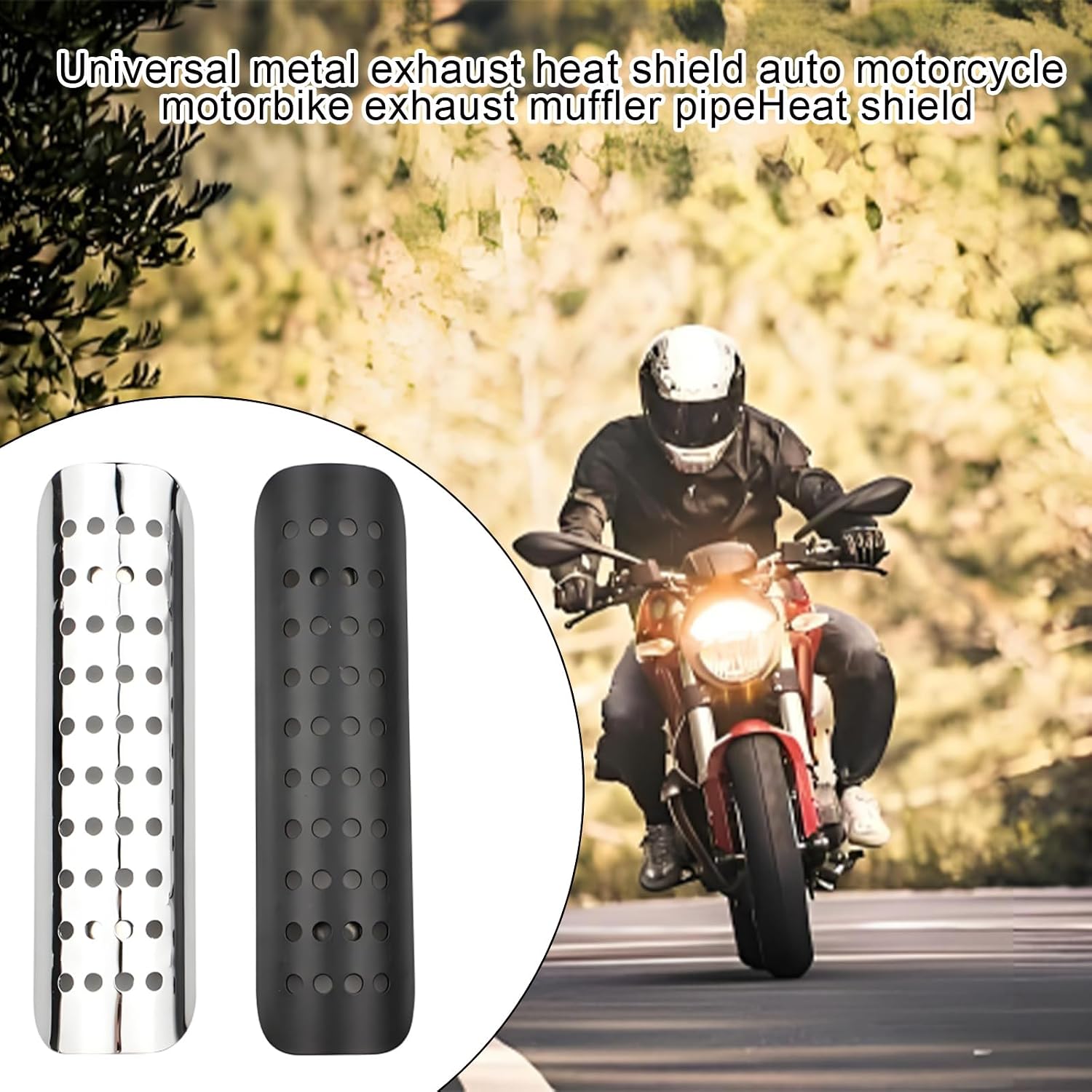 Wevdn Motorcycle Heat Shield, Aluminum Motorbike Pipe Heat Exhaust Heat Shield, Pipe Heat Shield Cover Guard Protector with 2 Stainless Steel Clamps, Motorcycle Accessories (Black)
