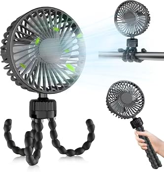 Baby Stroller Fan Handheld Personal Portable Fan with Flexible Tripod Car Seat Fan with 3 Speeds USB or Battery Powered Clip On Fan for Desk Crib Outdoor Treadmill Travel Camping (Black)