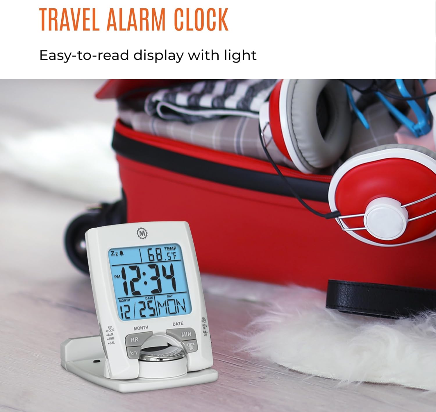 MARATHON Travel and Desktop Alarm Clock with time, date, and temperature displayed.