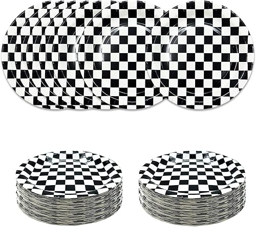 Miniatura 1 de SietDESEO 50 platos de postre de auto de carreras de 7 pulgadas, platos de papel a cuadros en blanco y negro para fiestas temáticas de carreras,