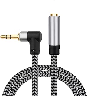 Right Angle Aux Extension Cable 30ft 3.5mm 1/8 Aux Stereo Audio Cable Male to Female Stereo Audio Extension Adapter Cable Nylon Braided AUX Cord Compatible Phones, Headphones,Speakers,PC