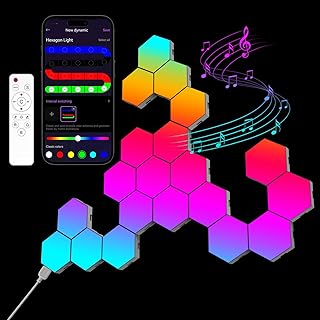 OJQ Paquete de 20 luces hexagonales de pared con panel RGB – Luces LED hexagonales para decoración de habitación, luces de pared inteligentes con aplicación de música con sincronización en forma de