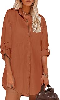 HOTOUCH Women Boyfriend Shirts Button Down Long Sleeve Blouse Cuffed Sleeve Collared Shirt