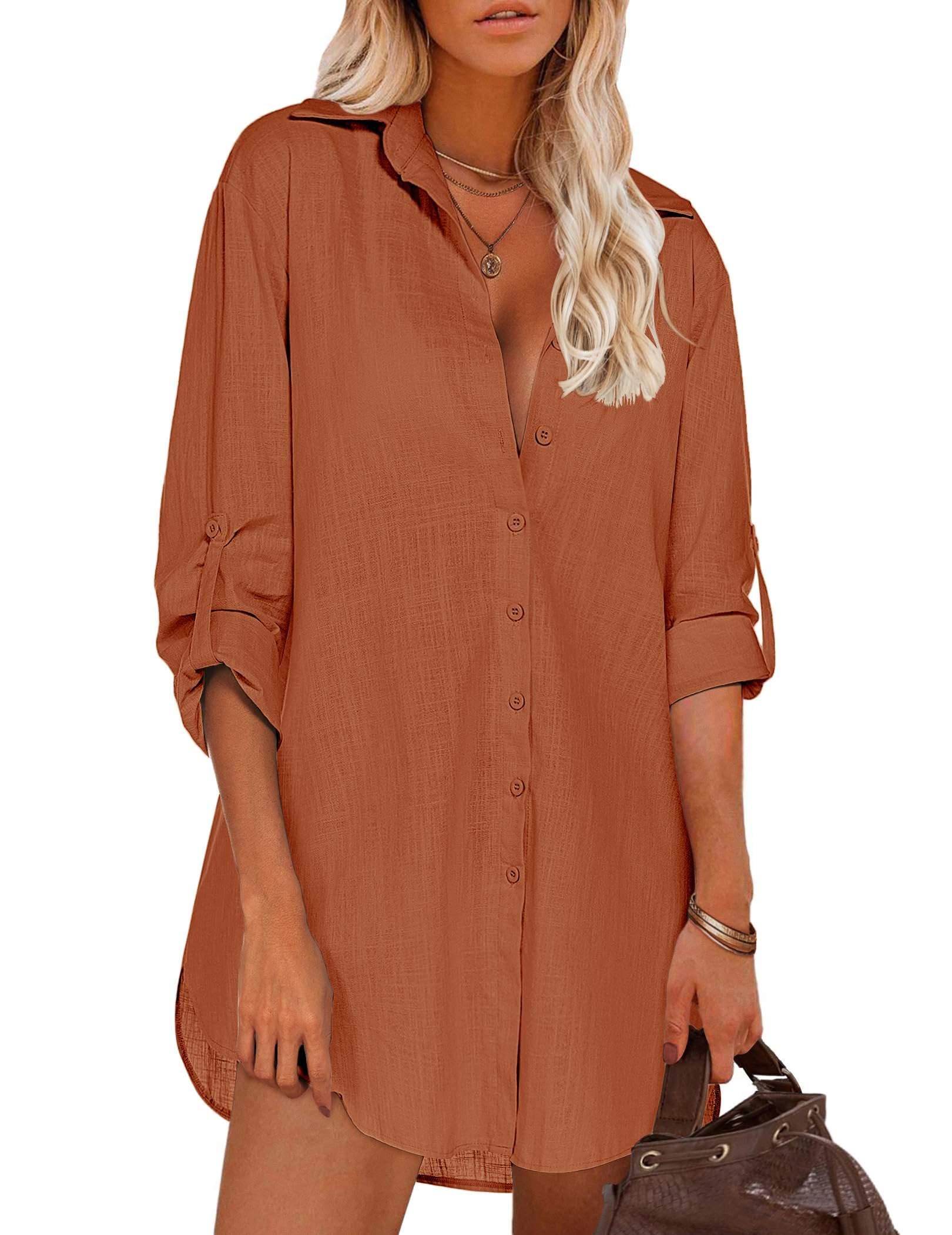 HOTOUCH Women Boyfriend Shirts Button Down Long Sleeve Blouse Cuffed Sleeve Collared Shirt