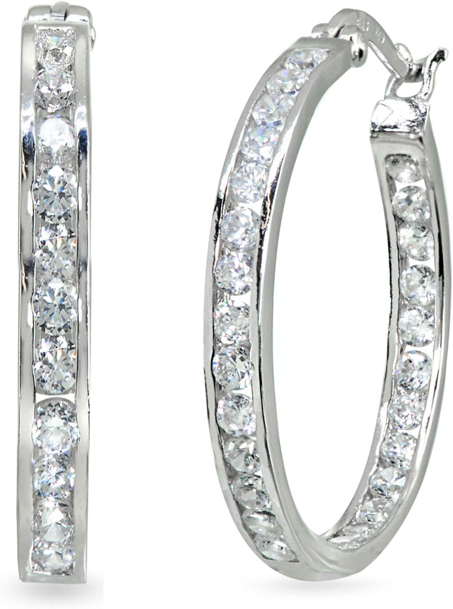 Sterling Silver 3mm Channel-Set Inside Out Cubic Zirconia Round Hoop Earrings, Options Available - Image 2