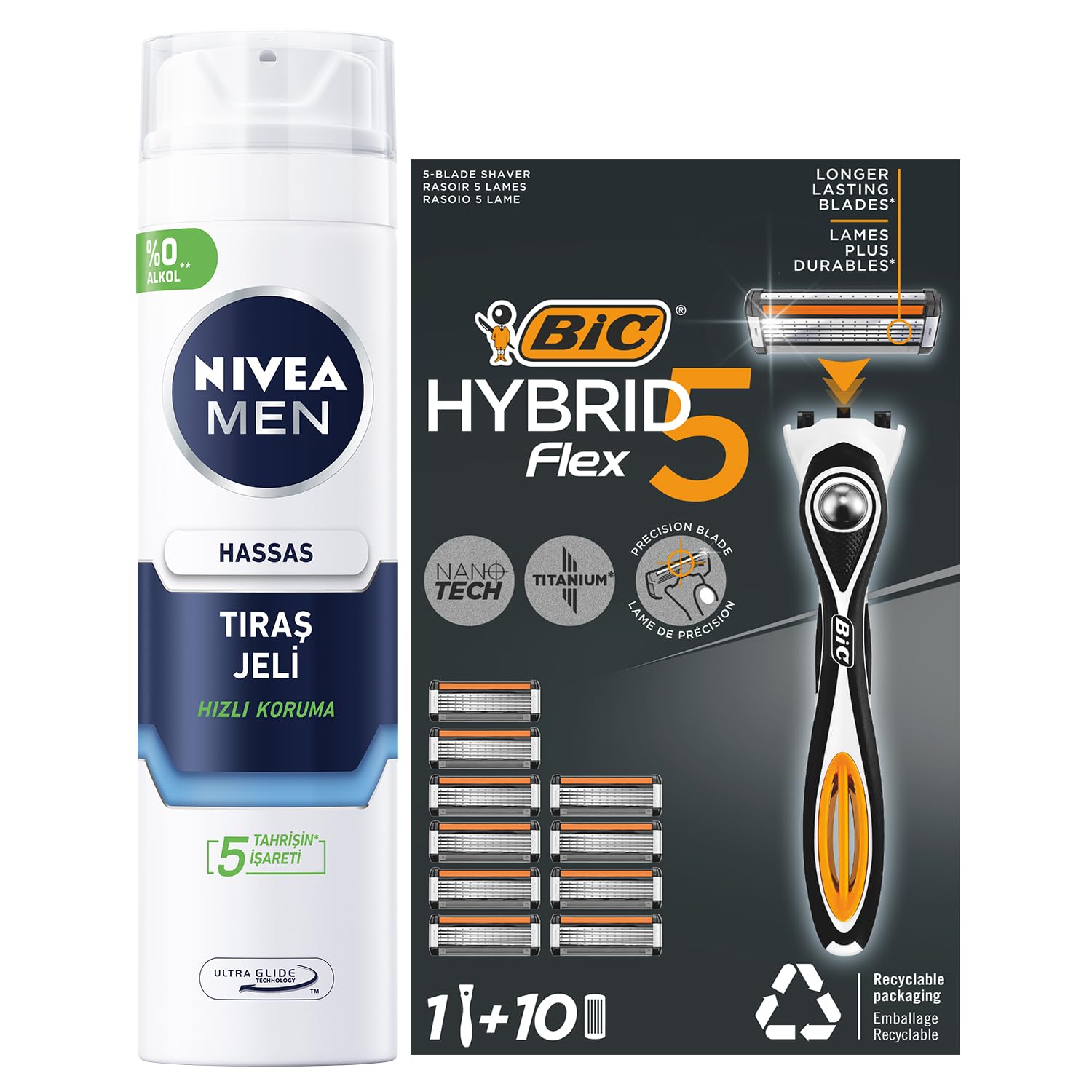 NIVEA Men Hassas Tıraş Jeli 200 ml+ BIC Flex 5 Hybrid Tıraş Bıçağı Seti 1 Gövde + 10 Yedek Başlık 5 Bıçaklı Erkek Tıraş Bıçağı
