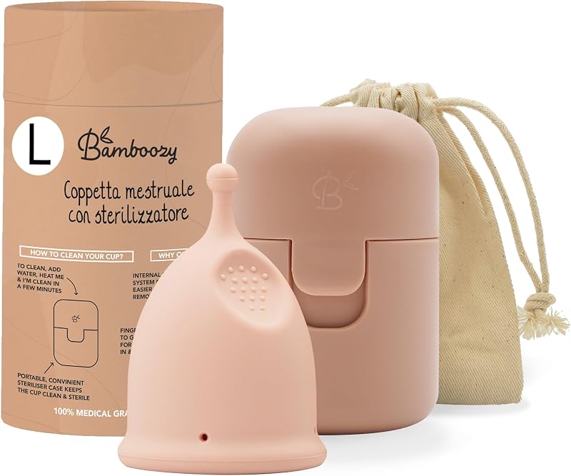 Bamboozy Coppetta Mestruale Con Sterilizzatore (L) - Coppette Mestruali Riutilizzabili Realizzate in Silicone Medico - Fino a 12 Ore di Protezione - Senza Plastica, Senza BPA