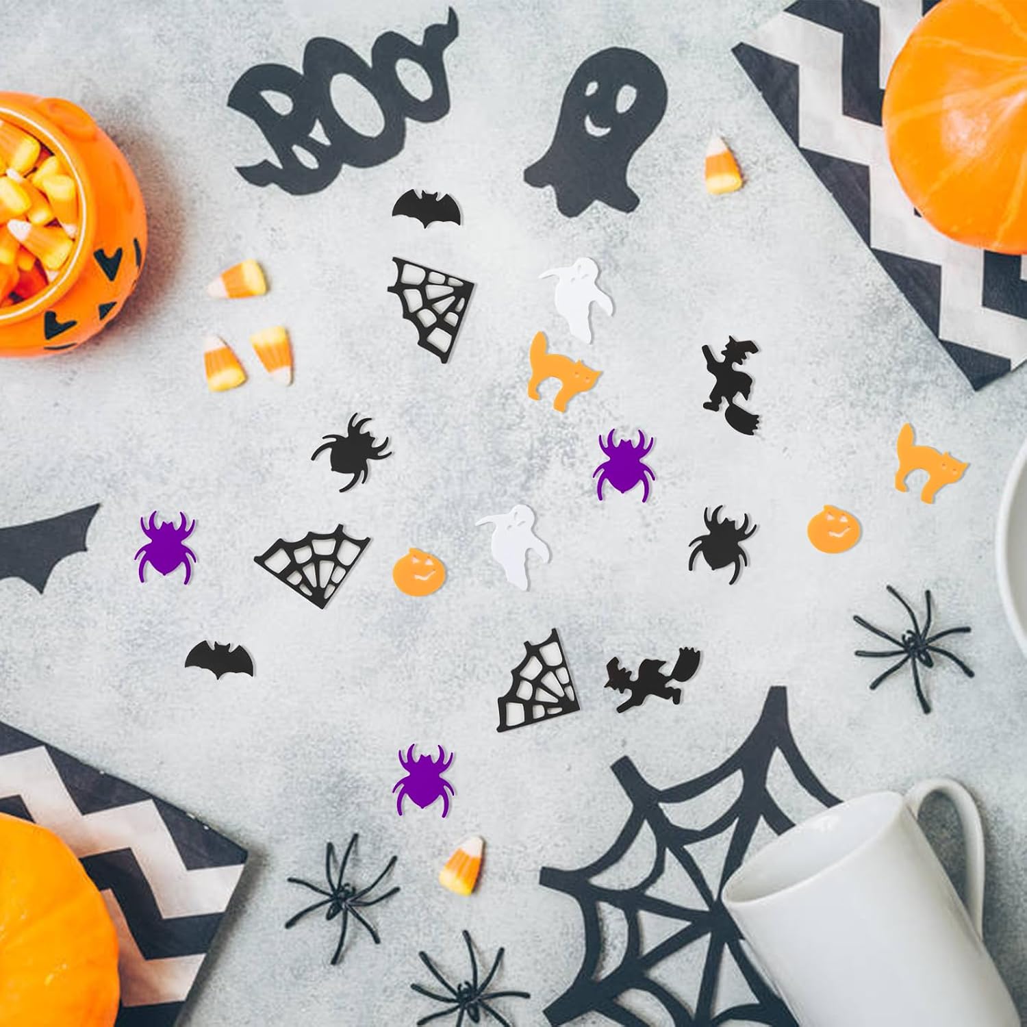 Halloween Confetti Decorations, Pumpkin Ghost Spider Webs Metallic Foil Table Confetti Glitter Sprinkles Sequin for Halloween Party Home Decoration, 1500pcs/50g