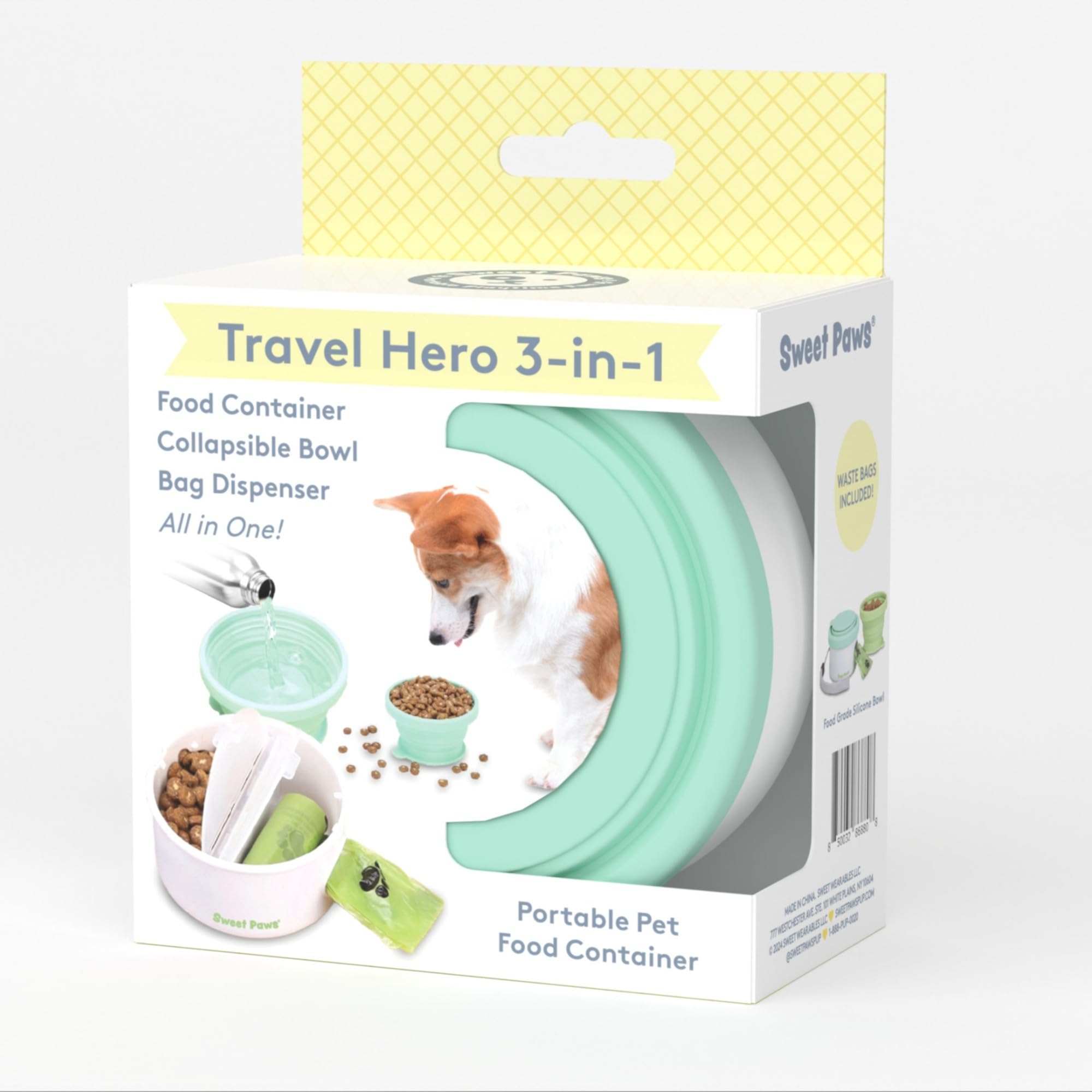 Sweet Paws Travel Hero 3-in-1 tragbarer Tierfutterbehälter, Silikon-Wassernapf und Kotbeutelspender in einem, Meeresglas