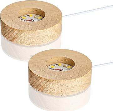 ZEERSHEE 2Pcs Led Wood Display Stand for 3D Crystal Glass 2.7in Resin Art Light Wooden Lamp Base for Crystals LED Round Display Pedestal