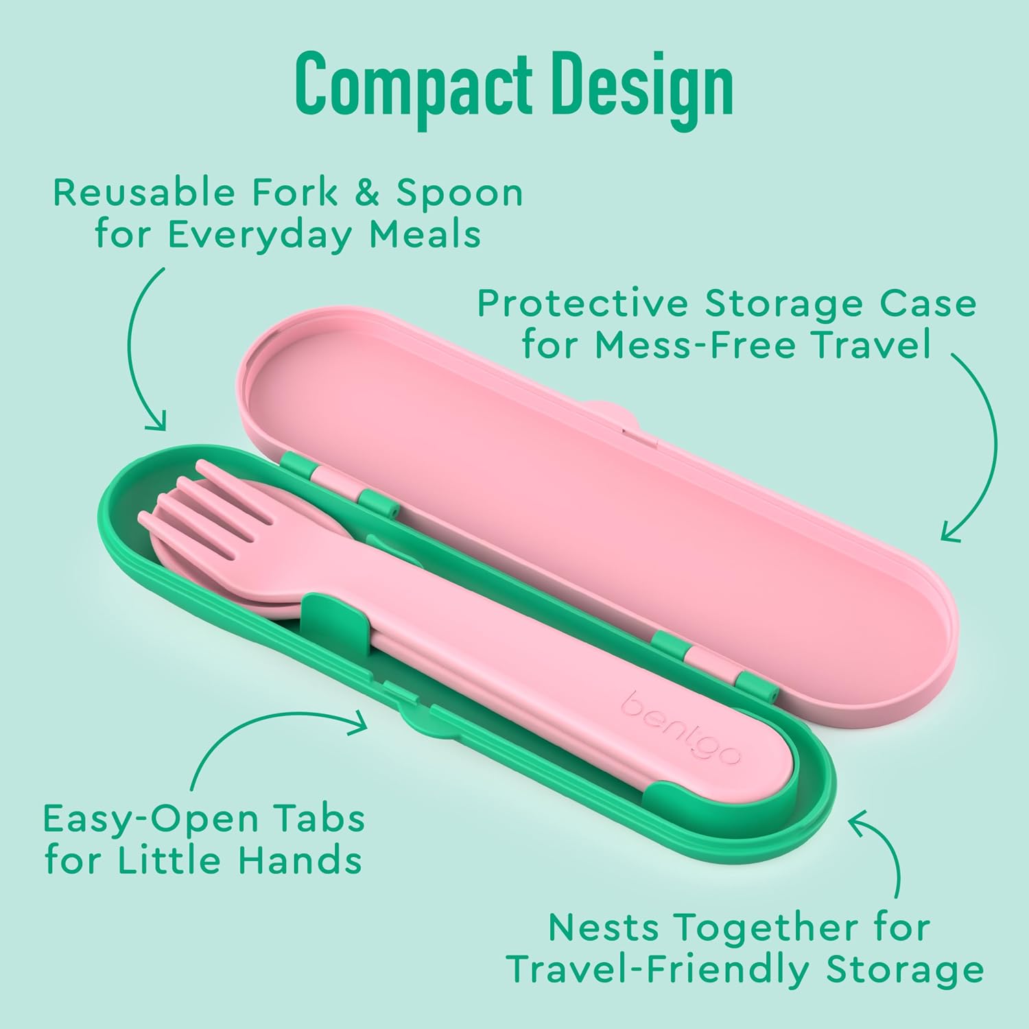 Bentgo Kids Plastic Utensil Set with Fork, Spoon, & Storage Case | Reusable, PFAS- & BPA-Free, Easy-Grip Handles, Lightweight, Dishwasher Safe, School, Travel & On-the-Go (Tropical)