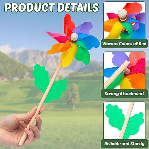 Miniatura 3 de 40 molinillos de flores arcoíris de 9.84 pulgadas de plástico coloridos molinos de viento de jardín, molinos de viento de flores con palos de madera