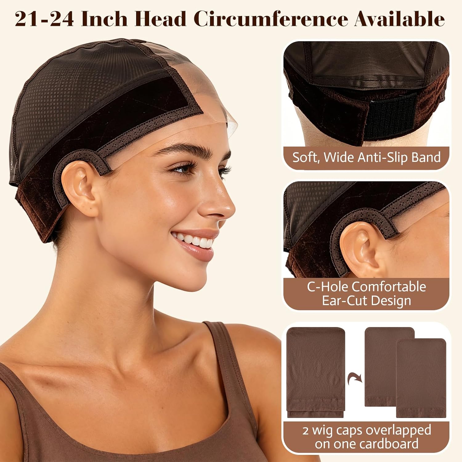 MEEZY Brown Lace Wig Grip Cap with 4 Pcs Stocking Hairnets for Women, Non-Slip Wig Caps with Grip Band for Lace Front Wig, Adjustable Elastic Headband Accessories for Secure Hold