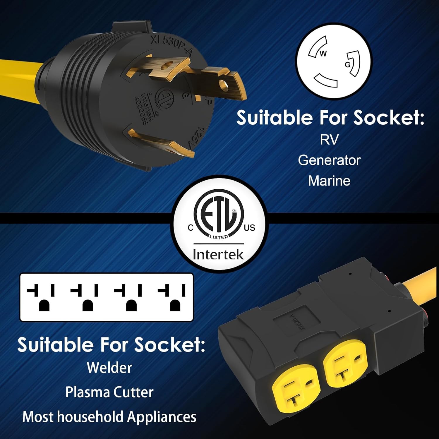 30 Amp to 20 Amp 110V Adapter, 1.5 FT, Yellow, 3 Prong L5-30P to 4X 5-15R/5-20R T-Blade, 5000W, ETL Listed, For Household Tools, Appliances, RV Camping