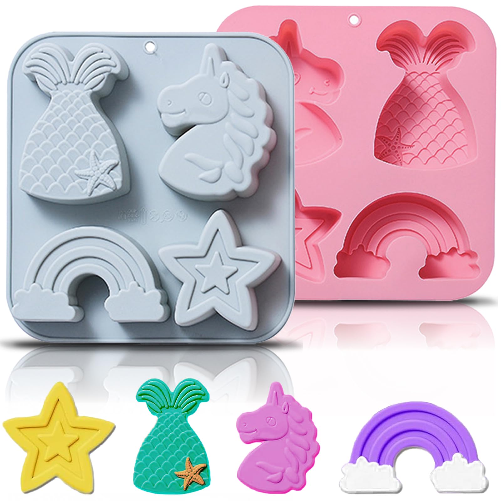 2Pack Cartoon Mermaid Themed Silicone Cake Mold,4 Cavity Larger 3D Unicorn Rainbow Star Mould Tray DIY Baking Decorating Tools for Chocolate Cake Cupcake Topper Mousse Dessert Handmade Soap