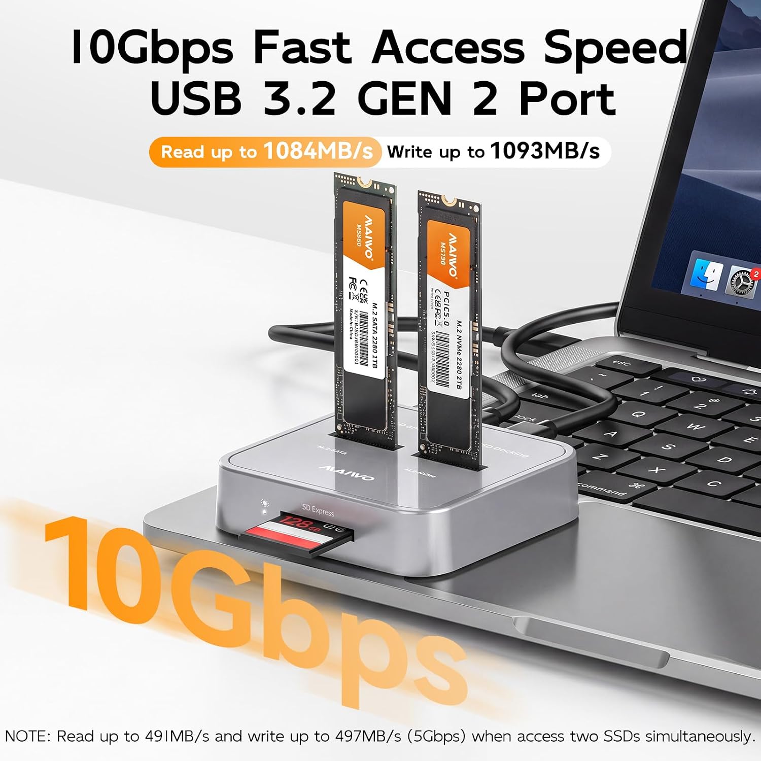 MAIWO M.2 NVMe SATA SSD to USB-C Adapter, SD Card Reader, USB 3.1 Gen2 10Gbps Triple Bay Hard Drive Docking Station, 5V 3A Power, Support SD Express 7.0/7.1