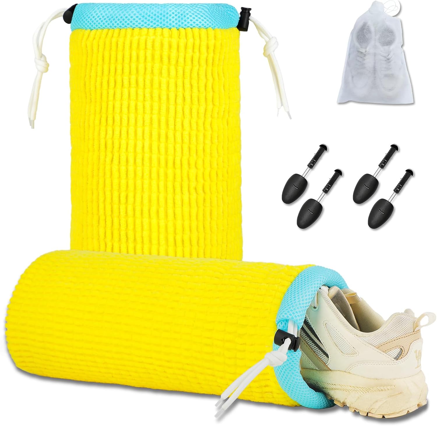 2Pcs Shoe Washing Machine Bag with Secure Drawstring Closure,Reusable,Cleaning Bag for All Shoe Types,Includes 2 Storage Dust Bags And 2 Adjustable Trees (Yellow)