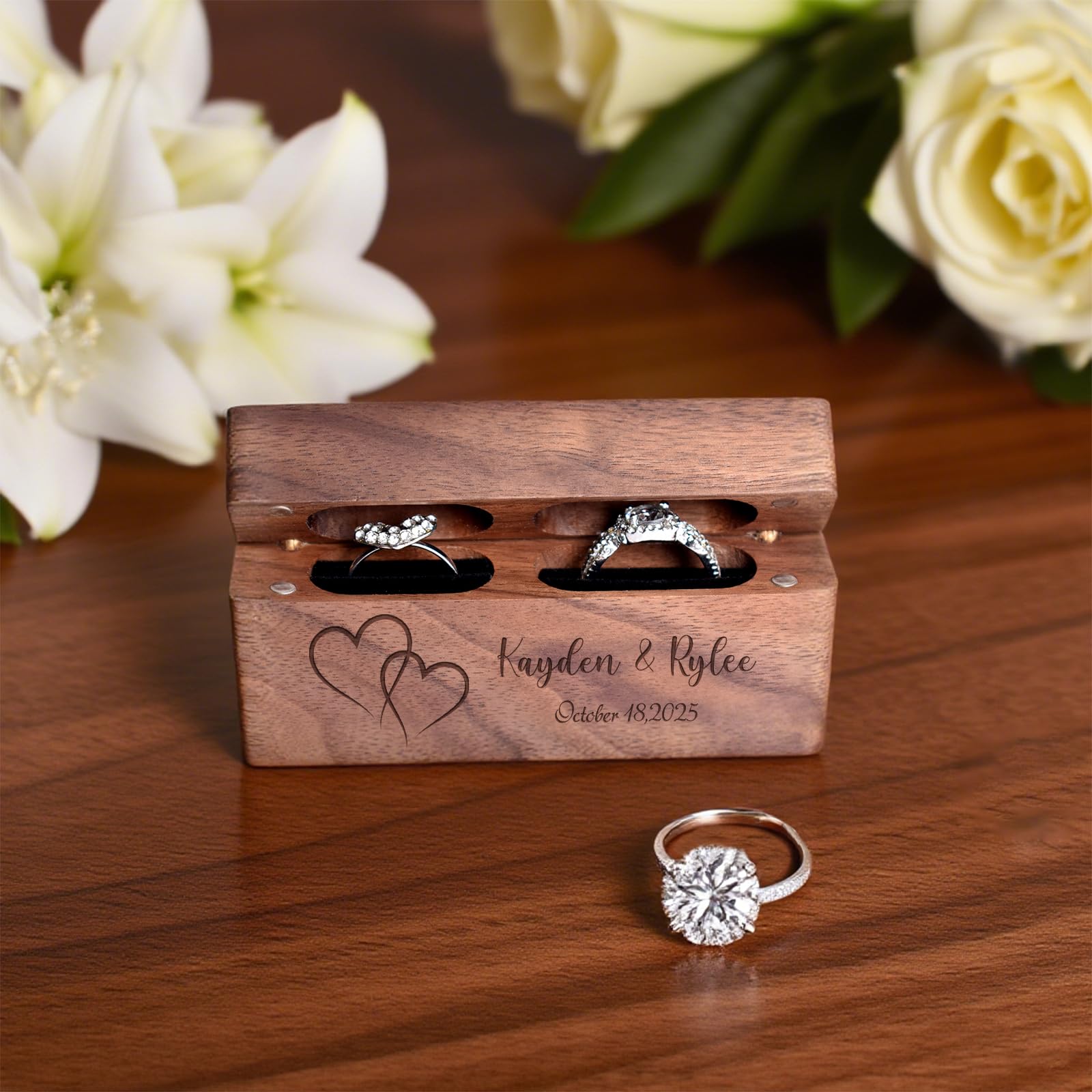 Boîte à Alliances En Bois Personnalisée, Boîte à Bague De Fiançailles, intérieur en velours,Boîte De Rangement En Noyer, cadeau de fiançailles, cadeau d'anniversaire.