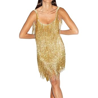 Qianderer Women Sequin Glitter Multilayer Fringe Deep V Neck Backless Sleeveless Tassel Flapper Dress Club Party Prom Sparkle Dress