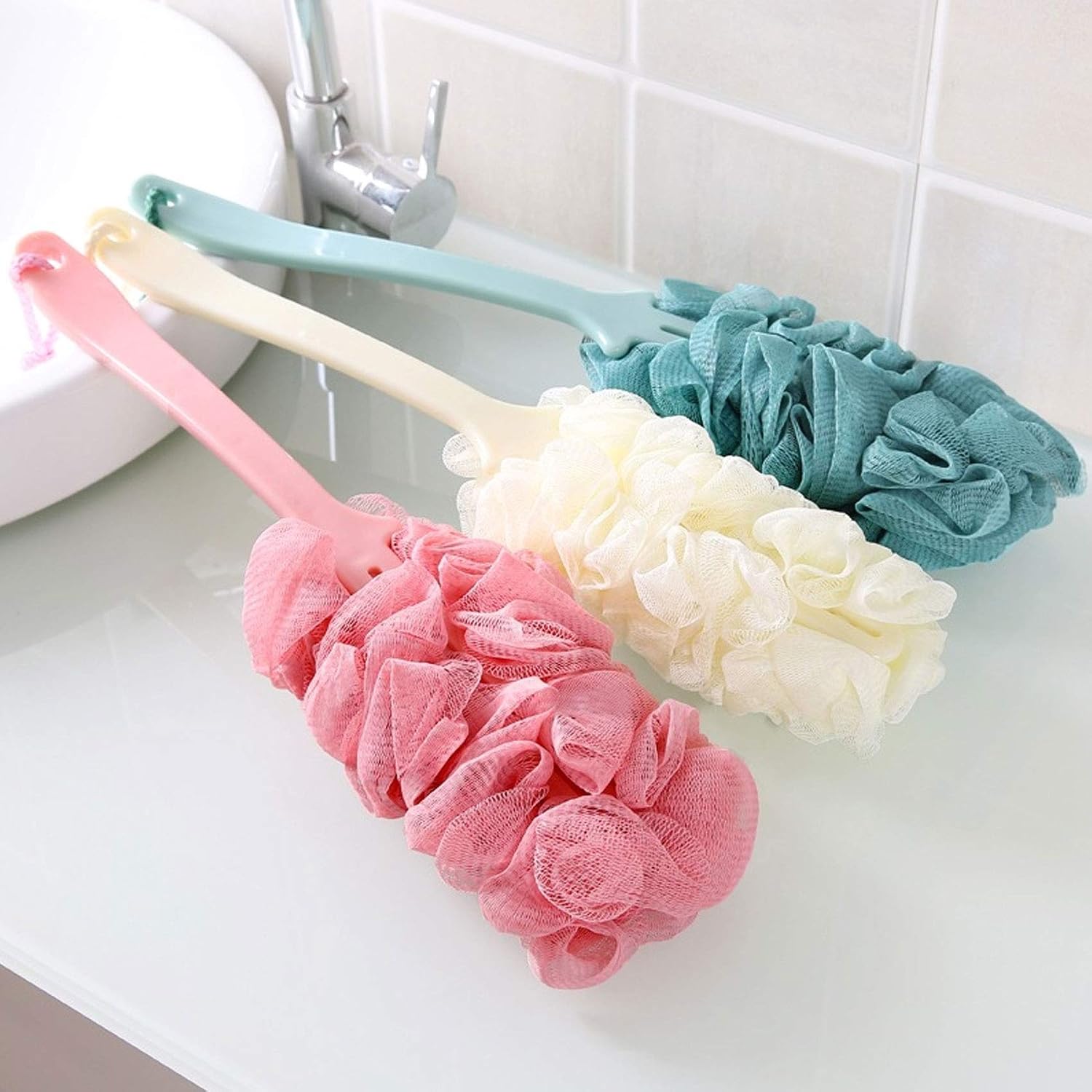 GUCABE 3 Pack Back Scrubber Long Handled Bath Brush Soft Mesh Sponge Exfoliating Body Scrub Back Cleaner Loofah Bathroom Shower Accessories for Women and Men (Beige) (Beige)