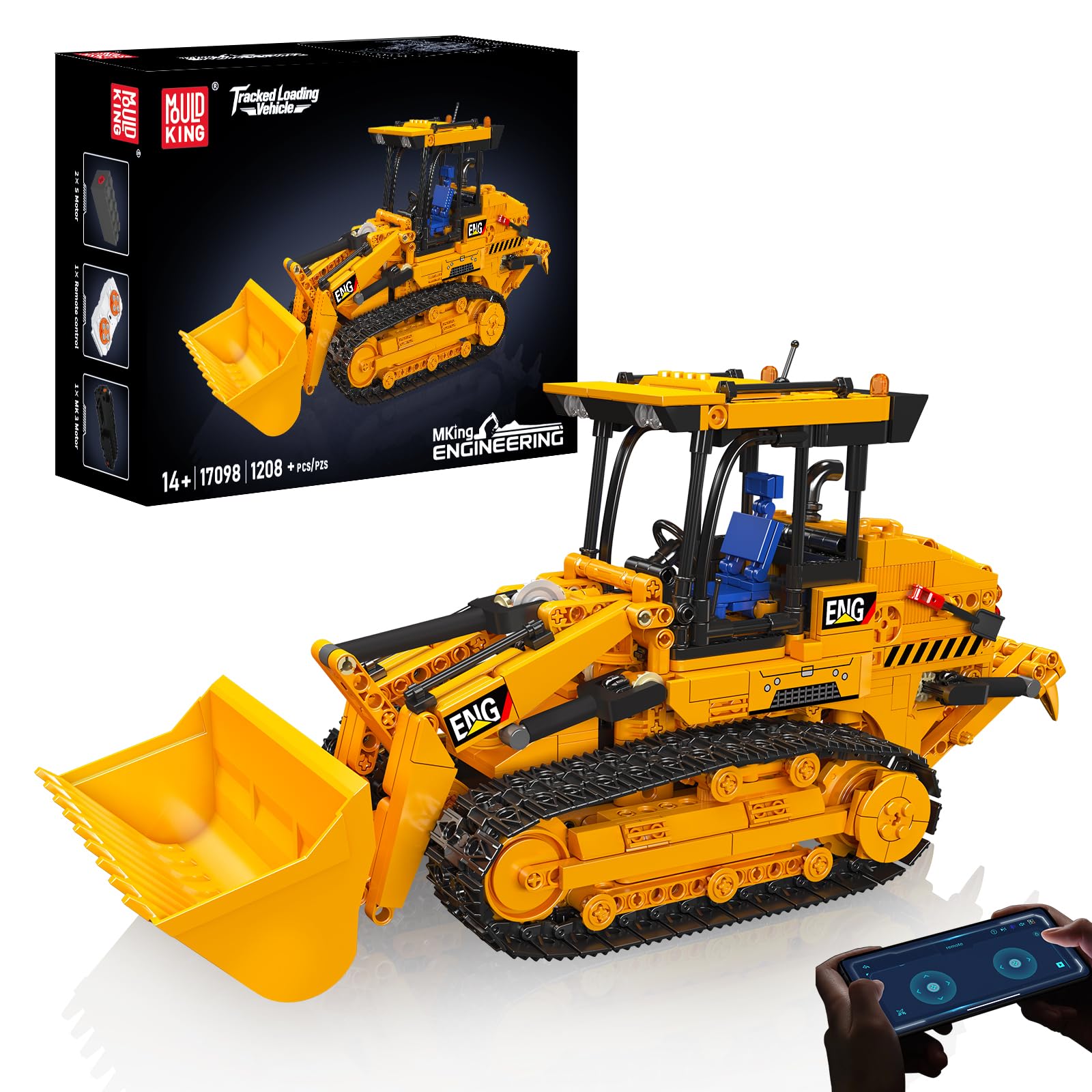 Mould King 17098 Tracked Loader Building Block Set, APP & Remote Control Construction Vehicle Model, with Movable Bucket and Robotic Arm, STEM 1208+ PCS Blocks Toy set for Teens and Adults