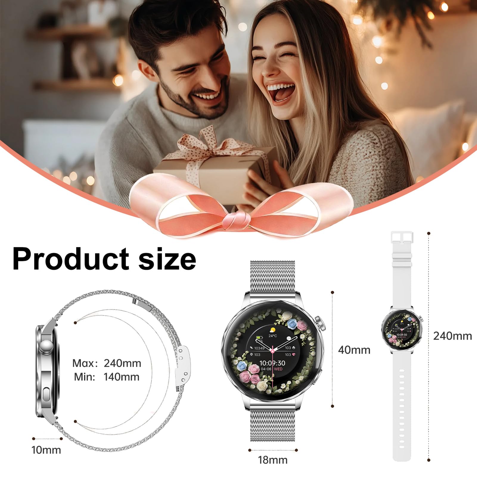 Smartwatch Donna Chiamate BLE5.3, 1,27'' HD Schermo Orologio Smartwatch Rotondo con Notifiche Messaggi/120+ Sportive/Cardiofrequenzimetro/SpO2/Sonno, Smart Watch Donna IP68 per Android iOS, Argento