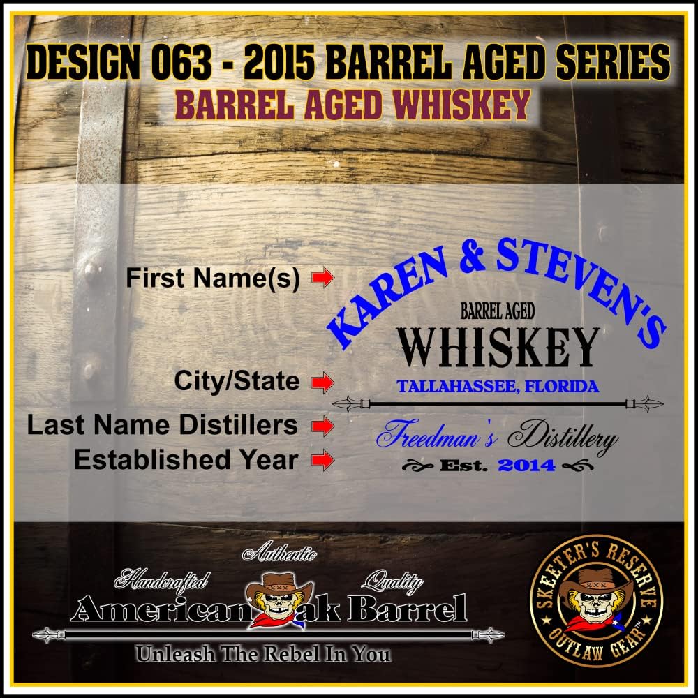 1 Liter Personalized American Oak Whiskey Aging Barrel (063) - Custom Engraved Barrel From Skeeter's Reserve Outlaw Gear - MADE BY American Oak Barrel - (Natural Oak, Black Hoops)