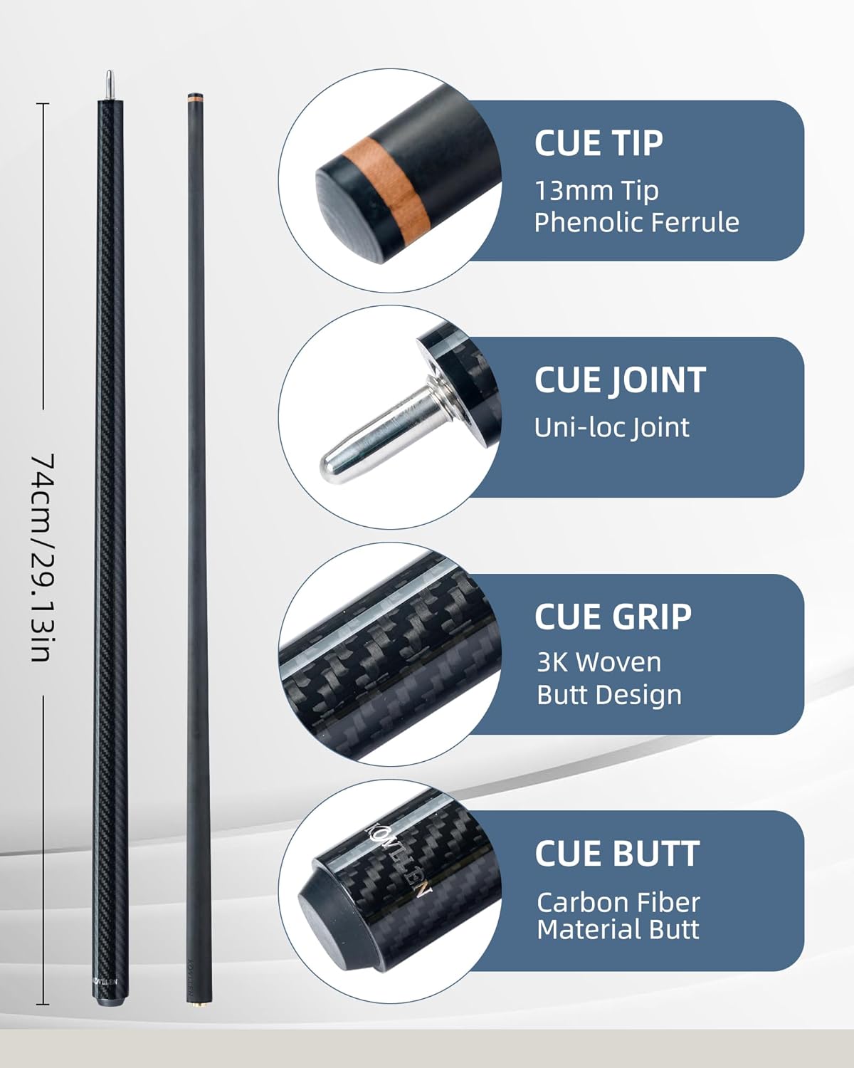 KONLLEN Break Cue – 58" 20oz Heavy Carbon Fiber Break Pool Cue, 13mm Phenolic Tip, 2-Piece Professional Design
