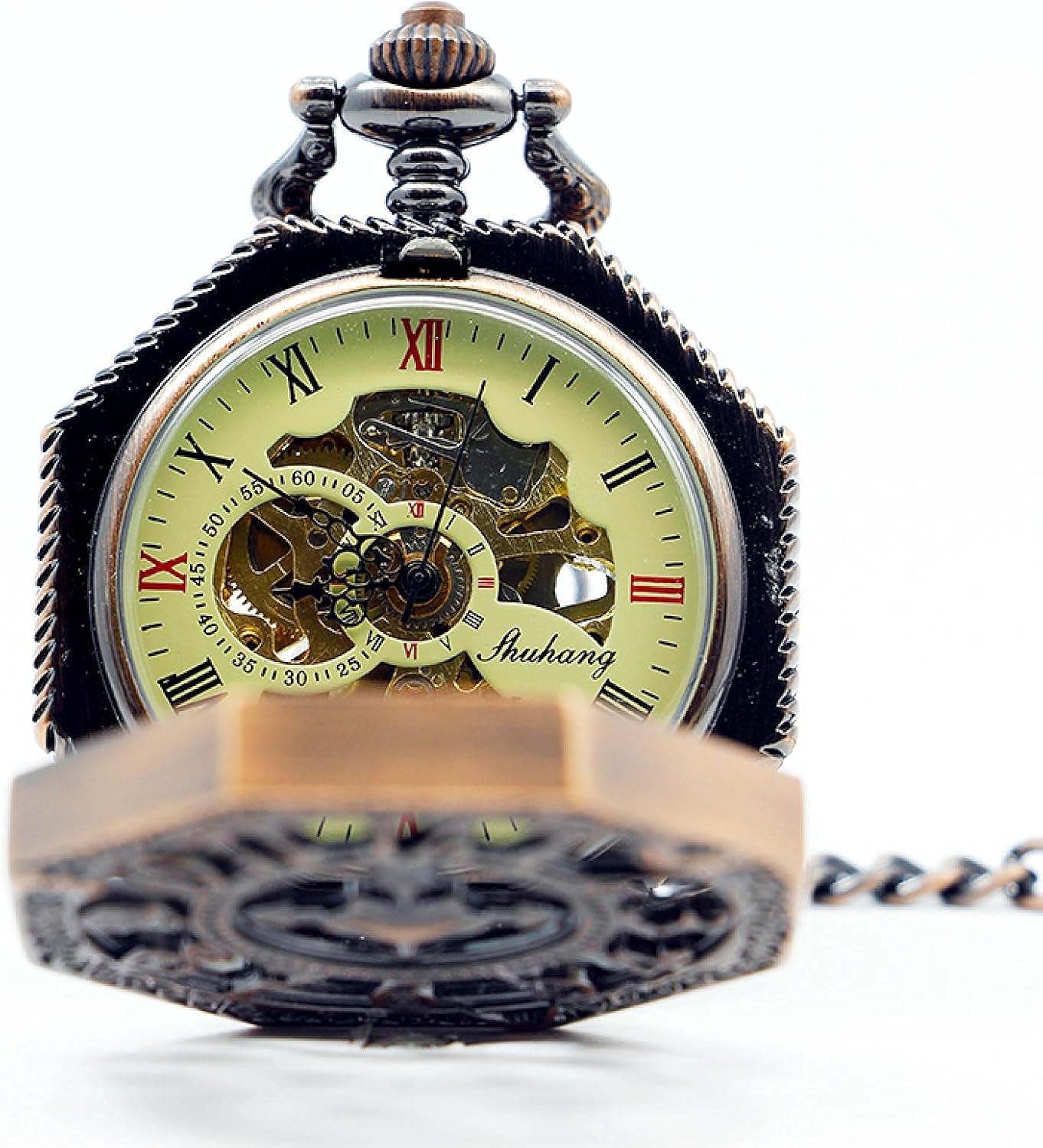 Gentlemen's Pocket Watch, Pocket Watch, Retro Mechanical Pocket Watch Men's Roman Numeral Dial Steampunk Hand Winding Men's Gift (Color : Silver Black) (Gold) (Gold) (Silverbluebox)