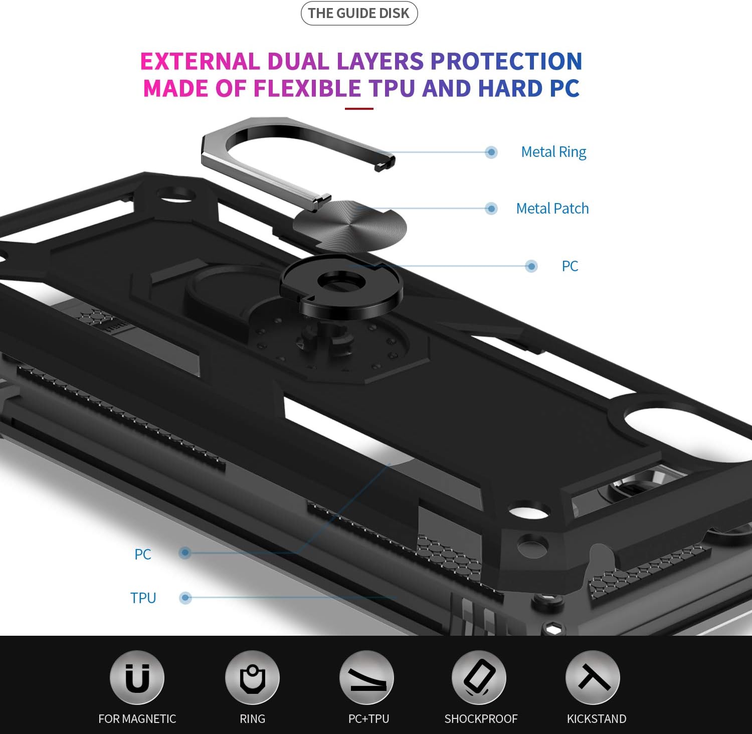Moto E6 Case with [2 Pack] Tempered Glass Screen Protector, LeYi [Military-Grade] Defender Protective Phone Case with Magnetic Car Ring Holder Mount Kickstand for Moto E6, JSFS Black