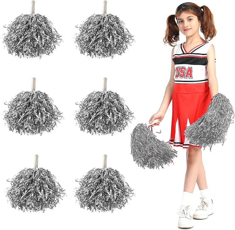 Pompones Animadora de Colores Brillantes con Mango, Pompones Cheerleader Grande de Plástico, Flores de Mano Metálicos para Bailar, Animar y Competición Deportiva, 6PCS