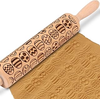 Easter Egg Embossed Rolling Pin for Cookies, Wooden Engraved Rolling Pin for Baking, Embossing Rolling Pin with Design Patterned Rolling Pin Decorative Springerle Cookie Mold Stamp Clay Pattern Roller
